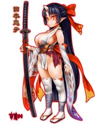 Rule 34 | 1girl, asanagi, black hair, breasts, cleavage, detached sleeves, highres, hinomoto oniko, horns, huge breasts, japanese clothes, katana, long hair, no panties, oni, original, pointy ears, red eyes, ribbon, sandals, sideboob, single horn, solo, sword, thighhighs, transparent background, very long hair, weapon, white thighhighs