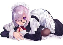 Rule 34 | 1girl, alternate costume, apron, blush, commentary request, dress, enmaided, fate/grand order, fate (series), glasses, hair ornament, hair over one eye, light purple hair, long sleeves, looking at viewer, lying, maid, maid apron, maid headdress, mash kyrielight, purple eyes, purple hair, red neckwear, red ribbon, ribbon, shiromonefu, short hair, simple background, solo, white background