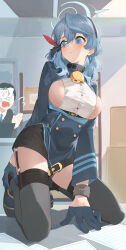 Rule 34 | 1boy, 1girl, ako (blue archive), ao tsukushi, bell, blue archive, blue eyes, blue hair, blush, breasts, cowbell, doodle sensei (blue archive), garter straps, gloves, half gloves, halo, highres, kneeling, large breasts, long sleeves, medium hair, sensei (blue archive), sideboob, skirt, thighhighs