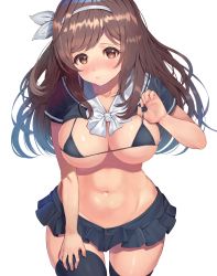 Rule 34 | 1girl, bad id, bad pixiv id, black shirt, black skirt, black thighhighs, blush, bow, bowtie, breasts, brown eyes, brown hair, cleavage, closed mouth, clothes lift, collarbone, commentary request, cowboy shot, groin, hair ribbon, hand on thigh, highres, idolmaster, idolmaster shiny colors, large breasts, long hair, looking at viewer, miniskirt, navel, rangen, ribbon, shirt, shirt lift, short sleeves, skirt, solo, stomach, thighhighs, tsukioka kogane, wing collar, zettai ryouiki