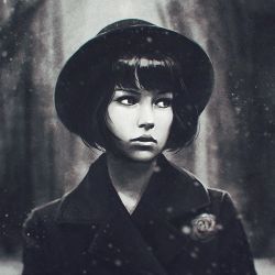 Rule 34 | 1girl, artist name, closed mouth, coat, expressionless, fedora, flower, grey theme, greyscale, guweiz, hat, lips, looking afar, looking at viewer, looking to the side, monochrome, original, rose, short hair, solo, upper body