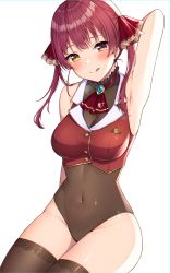 Rule 34 | 1girl, :q, absurdres, arm up, armpits, arrow through heart, bare shoulders, blush, breasts, brown leotard, brown thighhighs, cleavage, closed mouth, commentary request, covered navel, cropped vest, hair ribbon, heterochromia, highres, hololive, houshou marine, leotard, leotard under clothes, long hair, looking at viewer, medium breasts, mochiko (uyu omochi), no eyepatch, no headwear, purple hair, red eyes, red neckwear, red ribbon, red vest, ribbon, see-through, see-through cleavage, see-through leotard, simple background, sitting, smile, solo, thighhighs, tongue, tongue out, twintails, vest, virtual youtuber, white background, yellow eyes