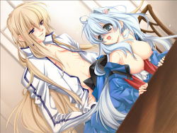Rule 34 | 1boy, 1girl, ahoge, ashe (under the moon), bare shoulders, bent over, bishounen, blonde hair, blue eyes, blush, breasts, chair, clothed sex, couple, doggystyle, dutch angle, eye contact, flower, game cg, hair flower, hair ornament, hanging breasts, happy sex, hetero, large breasts, long hair, looking at another, looking back, nipples, non-web source, off shoulder, open clothes, open mouth, open shirt, rose, sex, sex from behind, shirt, silver hair, single vertical stripe, smile, table, torso grab, toujou sakana, unan, under the moon, very long hair