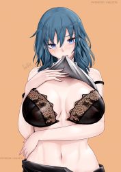 Rule 34 | 1girl, blue hair, bra, breasts, byleth (female) (fire emblem), byleth (fire emblem), cleavage, clothes lift, fire emblem, fire emblem: three houses, highres, huge breasts, nail polish, nintendo, shirt lift, simple background, solo, underwear, vialnite