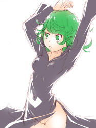 Rule 34 | 1girl, arms up, black dress, breasts, covered erect nipples, covered navel, dress, green eyes, green hair, highres, matching hair/eyes, ngo (ngo dandelion), no panties, one-punch man, short hair, simple background, sketch, small breasts, solo, tatsumaki, white background