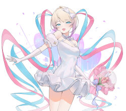 Rule 34 | 1girl, :d, absurdres, blonde hair, blue eyes, blue hair, bouquet, bow, breasts, chouzetsusaikawa tenshi-chan, cleavage, commentary request, covered navel, dress, feet out of frame, flower, gloves, hair bow, highres, holding, holding bouquet, long hair, looking at viewer, medium breasts, multicolored hair, needy girl overdose, official alternate costume, okappa (bobbed001), open mouth, pink flower, pink hair, quad tails, sleeveless, sleeveless dress, smile, solo, standing, tulip, very long hair, white background, white dress, white gloves