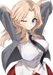 1girl arms_behind_head black_necktie blaze_(blazeillust) blazer blonde_hair blue_bra blue_eyes bra bra_visible_through_clothes collared_shirt girls_und_panzer grey_jacket highres jacket kay_(girls_und_panzer) lace lace-trimmed_bra lace_trim long_hair long_sleeves midriff_peek necktie one_eye_closed red_skirt saunders_school_uniform school_uniform shirt skirt underwear white_shirt