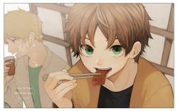 Rule 34 | 10s, 2016, 2boys, ^^^, beef, biting, black shirt, blurry, border, brown hair, character name, chopsticks, collared shirt, cup, curry gohan, dated, depth of field, drinking glass, eating, english text, eyelashes, food, food in mouth, green eyes, happy birthday, highres, holding, indoors, izumi kouhei, looking at viewer, male focus, midorikawa shun, multiple boys, open clothes, open shirt, profile, school uniform, shirt, sliding doors, talking, translation request, undershirt, white border, white shirt, world trigger