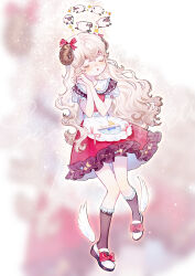 Rule 34 | 1girl, :o, absurdres, apron, artist name, black footwear, black socks, blonde hair, blurry, blurry background, bow, closed eyes, commentary request, detached wings, dress, facing viewer, footwear bow, frilled dress, frills, full body, hair ribbon, hands up, hidari (nanmu-left), highres, horn ornament, horns, light blush, light particles, long hair, mary janes, original, own hands together, pink ribbon, puffy short sleeves, puffy sleeves, red bow, red dress, ribbon, sample watermark, see-through, see-through sleeves, sheep, sheep girl, sheep horns, shoes, short eyebrows, short sleeves, sleeping, sleeping upright, socks, solo, sparkle, star (symbol), star print, two-tone footwear, very long hair, waist apron, watermark, white apron, white footwear, wings, zoom layer
