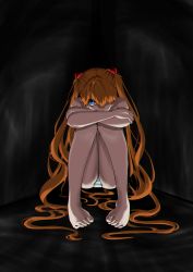 Rule 34 | 1girl, absurdres, alternate hairstyle, artist request, ass, barefoot, black background, blue eyes, brown hair, cowboy shot, fetal position, full body, hairpods, highres, interface headset, long hair, long twintails, looking at viewer, neon genesis evangelion, panties, shaded face, simple background, sitting, solo, souryuu asuka langley, striped clothes, striped panties, toes, tsundere, twintails, two side up, underwear, very long hair