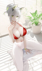 Rule 34 | 1girl, alternate costume, alternate hairstyle, animal ear fluff, animal ears, arknights, bare shoulders, bra, bracelet, breasts, cat ears, cat girl, cleavage, curtains, green eyes, green hair, grey hair, highres, jewelry, kal&#039;tsit (arknights), large breasts, looking at viewer, navel, omone hokoma agm, pantyhose, plant, ponytail, potted plant, red bra, sitting, underwear, wariza, white pantyhose, window blinds