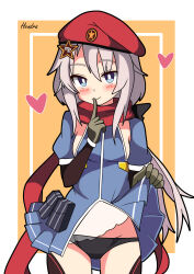 Rule 34 | 1girl, 9a-91 (girls&#039; frontline), absurdres, beret, black panties, blue dress, blue eyes, blue sleeves, blush, border, breasts, closed mouth, clothes lift, cowboy shot, detached sleeves, dress, finger to mouth, girls&#039; frontline, gloves, green gloves, grey hair, hat, hendra, highres, inset border, legs apart, lifting own clothes, long hair, looking at viewer, low twintails, orange background, panties, pleated dress, red hat, red scarf, red star, scarf, short dress, short sleeves, simple background, skirt, skirt lift, sleeveless, sleeveless dress, small breasts, smile, solo, star (symbol), thighs, twintails, underwear, white border