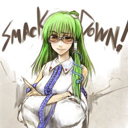 Rule 34 | 1girl, cervus, crossed arms, detached sleeves, english text, female focus, frog, glasses, green hair, japanese clothes, kochiya sanae, miko, snake, solo, sunglasses, touhou, yellow eyes