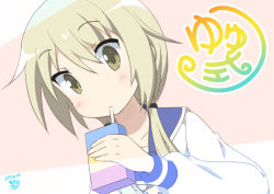Rule 34 | 1girl, aosora neko, artist name, bad id, bad pixiv id, blonde hair, blouse, blush, collarbone, commentary request, copyright name, dated, drinking, dutch angle, hair between eyes, hair tie, holding, ichii yui, juice box, long hair, long sleeves, looking at viewer, low twintails, sailor collar, school uniform, serafuku, shirt, sidelocks, signature, solo, twintails, two-tone background, upper body, white shirt, yellow eyes, yuyushiki