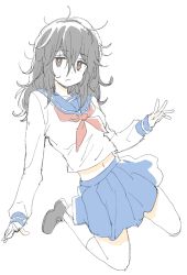 Rule 34 | 1girl, absurdres, bad id, bad twitter id, black footwear, black hair, blue sailor collar, blue skirt, brown eyes, closed mouth, donguri suzume, full body, hair between eyes, highres, jitome, jumping, long sleeves, looking at viewer, messy hair, neckerchief, red neckerchief, sailor collar, school uniform, serafuku, shoes, simple background, skirt, socks, solo, white background, white socks