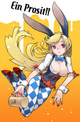 Rule 34 | 1girl, animal ears, bad id, bad pixiv id, blonde hair, blue pantyhose, bow, bowtie, breasts, checkered clothes, checkered legwear, cleavage, corset, dirndl, female focus, fingernails, flag print, freckles, full body, german clothes, german text, heart, high heels, highres, large breasts, leotard, long fingernails, long hair, nail polish, nakamura tetsuya, oktoberfest, original, pantyhose, patterned legwear, pink eyes, pink nails, print pantyhose, purple eyes, rabbit ears, rabbit girl, shoes, solo, text focus, traditional clothes, translated, underbust, very long hair, wrist cuffs