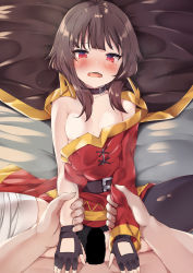 Rule 34 | 1boy, 1girl, absurdres, arm grab, black cape, black gloves, blush, breasts, brown collar, brown hair, cape, censored, cleavage, collar, fang, fingerless gloves, gloves, hetero, highres, imminent penetration, jon (pixiv31559095), kono subarashii sekai ni shukufuku wo!, long sleeves, looking at viewer, lying, medium breasts, medium hair, megumin, on back, open mouth, penis, pov, pov crotch, pov hands, red eyes, solo focus, spread legs
