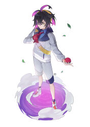 Rule 34 | 1boy, adjusting clothes, adjusting necktie, black hair, blue shirt, closed mouth, collared shirt, colored inner hair, commentary request, creatures (company), falling leaves, full body, game freak, hairband, highres, holding, holding poke ball, jacket, kieran (pokemon), knees, korean commentary, leaf, long sleeves, male focus, mongguri, multicolored hair, necktie, nintendo, poke ball, poke ball (basic), pokemon, pokemon sv, red necktie, shirt, shoes, short hair, shorts, socks, solo, standing, strap, white background, white footwear, yellow eyes, yellow hairband