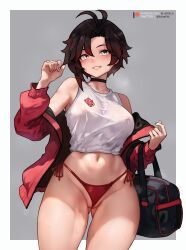 Rule 34 | 1girl, absurdres, ahoge, ass, bag, bikini, bikini bottom only, bluefield, border, breasts, choker, cleft of venus, covered erect nipples, cowboy shot, duffel bag, floral print, gluteal fold, grey background, grey eyes, grin, hair between eyes, hands up, highres, jacket, large breasts, long sleeves, looking at viewer, medium breasts, midriff, navel, no bra, off shoulder, open clothes, open jacket, outside border, partially visible vulva, patreon logo, patreon username, red jacket, rose print, ruby rose, rwby, shirt, short hair, side-tie bikini bottom, simple background, sleeveless, sleeveless shirt, smile, solo, sweat, swimsuit, teeth, thighs, twitter username, white border