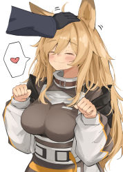 Rule 34 | 1girl, 1other, :3, animal ears, arknights, belt, black gloves, blonde hair, blush, breasts, buckle, ceobe (arknights), closed mouth, collar, disembodied hand, doctor (arknights), dog ears, gloves, headpat, heart, impossible clothes, large breasts, long sleeves, motion lines, paw pose, simple background, smile, solo focus, speech bubble, spoken heart, underbust, upper body, white background, yuukun mk-ii