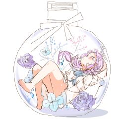 Rule 34 | 1girl, atsuko (blue archive), bare legs, barefoot, blue archive, blue flower, blue rose, braid, flower, full body, hazuki (pixiv 62548024), highres, hood, hooded jacket, in container, in jar, jacket, low twin braids, pink hair, rose, solo, twin braids, white jacket