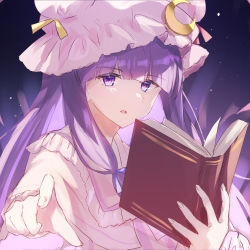 Rule 34 | 1girl, ameria (artist), blue ribbon, blunt bangs, book, capelet, commentary, crescent, crescent hat ornament, expressionless, gradient background, hair ribbon, hat, hat ornament, hat ribbon, highres, holding, holding book, long hair, looking at viewer, mob cap, open book, patchouli knowledge, pointing, pointing at viewer, purple eyes, purple hair, red ribbon, ribbon, solo, touhou, upper body, yellow ribbon