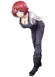 Rule 34 | 10s, 1girl, :d, ahoge, black footwear, black ribbon, boots, breasts, character name, cleavage, cow girl (goblin slayer!), goblin slayer!, hand on own hip, highres, kannatsuki noboru, large breasts, leaning forward, long sleeves, novel illustration, official art, open mouth, overalls, purple eyes, red eyes, red hair, ribbon, shirt, short hair, smile, solo, standing, white shirt
