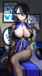 Rule 34 | 1girl, absurdres, black hair, blue dress, blue eyes, blue flower, blue rose, breasts, brown pantyhose, bug, butterfly, cleavage, closed mouth, commentary, dress, floral print, flower, framed insect, hair between eyes, hand fan, hand up, highres, holding, holding fan, insect, knee up, kohanayuki, large breasts, long sleeves, looking at viewer, mole, mole on breast, mole under mouth, original, pantyhose, paper fan, pelvic curtain, petals, pointy ears, rose, rose petals, rose print, see-through, short hair, simple background, solo, symbol-only commentary, tassel, uchiwa, vase