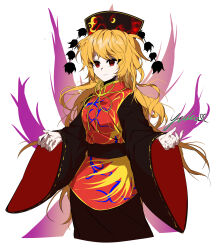 Rule 34 | 1girl, absurdres, black dress, closed mouth, commentary, dress, energy, headdress, highres, junko (touhou), long hair, long sleeves, mena (menappippi), orange hair, red eyes, simple background, solo, tabard, tassel, touhou, white background, wide sleeves