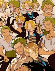 Rule 34 | 2boys, alcohol, anger vein, angry, armband, bad id, bad pixiv id, beer mug, black suit, blonde hair, bottle, cigarette, collage, collarbone, couple, cup, earrings, fighting, formal, frown, green hair, hair over one eye, japanese clothes, jewelry, katana, kicking, laughing, long sleeves, looking at another, male focus, marimo, mug, multiple boys, muscular, necktie, one eye closed, one piece, open clothes, pectorals, roronoa zoro, runa (nori31291404), sanji (one piece), sharp teeth, short sleeves, sleeping, sleeping on person, smile, smoking, sparkle, suit, sword, teeth, toned, toned male, weapon, yaoi