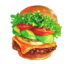 Rule 34 | bun (food), burger, butayaro1, cheese, food, food focus, lettuce, meat, no humans, original, shadow, simple background, sparkle, still life, tomato, tomato slice, white background