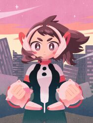 Rule 34 | 1girl, blush stickers, bodysuit, boku no hero academia, breasts, bright pupils, brown eyes, brown hair, building, chibi, city, clenched hands, closed mouth, crack, cracked glass, cracked wall, dot nose, evening, film grain, floating hair, frown, glass wall, hands up, headgear, highres, looking at viewer, medium breasts, minimalism, multicolored sky, no lineart, orange sky, outdoors, post-apocalypse, purple sky, saburou (326xxx1), short eyebrows, short hair, sidelocks, sky, solo, sparkle, sparkling eyes, standing, star (sky), straight-on, swept bangs, upper body, uraraka ochako, white pupils, wind, yellow sky