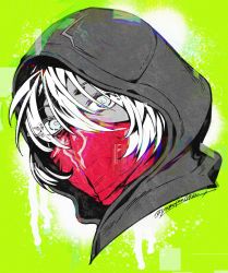 Rule 34 | 1girl, animification, apex legends, blue eyes, colored skin, green background, grey skin, hair between eyes, head only, highres, hood, hood up, looking at viewer, mask, mouth mask, mozuwaka, official alternate costume, portrait, rift stalker wraith, solo, white hair, wraith (apex legends)