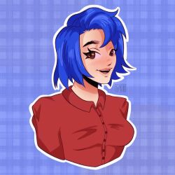 Rule 34 | 1girl, blue background, blue hair, blush, breasts, brown eyes, emily (stardew valley), eyelashes, highres, looking at viewer, medium hair, open mouth, red shirt, shirt, simple background, siropeart, small breasts, solo, stardew valley, upper body