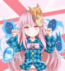 Rule 34 | 1girl, bow, expressionless, hata no kokoro, highres, long hair, long sleeves, mask, midriff, mouth mask, navel, new mask of hope, pink eyes, pink hair, plaid, plaid shirt, raised fists, shirt, shize (coletti), skirt, solo, touhou, very long hair, wide sleeves