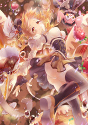 Rule 34 | 10s, 1girl, ass, blonde hair, charlotte (madoka magica), detached sleeves, drill hair, fingerless gloves, full body, gloves, hat, highres, jewelry, long hair, magical girl, mahou shoujo madoka magica, panties, pantyshot, pleated skirt, puffy short sleeves, puffy sleeves, ribbon, ring, short sleeves, skirt, smile, striped clothes, striped thighhighs, tears, thighhighs, tomoe mami, twin drills, twintails, underwear, upskirt, vertical-striped clothes, vertical-striped thighhighs, white panties, white ribbon, yellow eyes, yellow skirt, zenyu