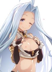 Rule 34 | 1girl, ;), ahoge, black gloves, blush, breasts, closed mouth, detached sleeves, elbow gloves, fingerless gloves, gloves, granblue fantasy, heart, highres, kiikii (kitsukedokoro), long hair, looking at viewer, lyria (granblue fantasy), navel, nipples, one eye closed, relic buster (granblue fantasy), shirt, simple background, small breasts, smile, solo, straight hair, upper body, very long hair, white background, white shirt