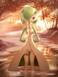 Rule 34 | 1girl, :&lt;, absurdres, ancesra, arms behind back, artist name, averting eyes, blurry, blurry background, blush, bob cut, breasts, closed mouth, colored skin, controller, creatures (company), embarrassed, english text, female focus, forest, game freak, gardevoir, gen 3 pokemon, gluteal fold, green skin, hair over one eye, half-closed eyes, highres, light rays, looking to the side, multicolored skin, nature, nintendo, nose blush, object insertion, outdoors, partially submerged, patreon username, pokemon, pokemon (creature), pussy, pussy juice, red eyes, remote control, remote control vibrator, ripples, sex toy, short hair, skindentation, small breasts, solo, standing, straight-on, stream, sunlight, sunset, thigh strap, tree, two-tone skin, uncensored, vaginal, vaginal object insertion, vibrator, vibrator cord, wading, water, watermark, white skin