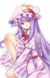 Rule 34 | 1girl, blue bow, bow, bowtie, capelet, crescent moon, dress, hair bow, hat, hat bow, highres, long hair, long sleeves, looking at viewer, mob cap, moon, oborofu, patchouli knowledge, pink hat, purple eyes, purple hair, red bow, red bowtie, sidelocks, simple background, sitting, solo, striped clothes, striped dress, touhou, very long hair, white background