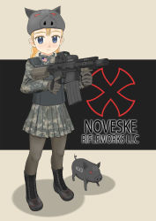 Rule 34 | animal hat, armor, assault rifle, bad id, bad pixiv id, boots, braid, camouflage, digital camouflage, eotech, flag, gun, hat, highres, military, noveske rifleworks, original, pantyhose, personification, pig, product girl, rifle, skirt, solo, takafumi, twin braids, united states, weapon