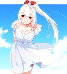 Rule 34 | 1girl, arms behind back, bare shoulders, blue sky, blush, bow, breasts, cleavage, closed mouth, cloud, cowboy shot, dress, facing viewer, hair bow, highres, leaning forward, long hair, looking at viewer, medium breasts, nyanmaru (ememing), original, platinum blonde hair, ponytail, red bow, red eyes, see-through, sky, smile, solo, sundress, white dress