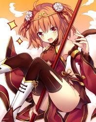 Rule 34 | 1girl, :d, ahoge, black thighhighs, brown eyes, brown hair, circlet, detached sleeves, dress, fate/grand order, fate (series), fujimaru ritsuka (female), fujimaru ritsuka (female) (the three great heroes), looking at viewer, monkey tail, official alternate costume, open mouth, red dress, shoes, short hair, smile, solo, tail, thighhighs, white footwear, wide sleeves, yimu