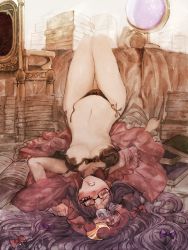 Rule 34 | 1girl, 2017, babydoll, bad id, bad pixiv id, bare legs, bespectacled, black panties, blue bow, blue ribbon, blush, book, book stack, bow, breasts, chair, clenched hands, cowboy shot, crescent, crescent hair ornament, cup, dated, dress, fever, frilled dress, frilled sleeves, frills, glasses, hair ornament, hair ribbon, half-closed eyes, hand up, hat, highres, hip focus, indoors, legs, lingerie, long hair, looking at viewer, lying, medium breasts, mob cap, mochacot, mouth hold, navel, on back, open mouth, outstretched arm, panties, patchouli knowledge, purple eyes, purple hair, red bow, red ribbon, ribbon, sick, side-tie panties, solo, stomach, thermometer, thigh gap, touhou, underboob, underwear, untied panties, upside-down