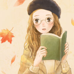 Rule 34 | 1girl, autumn leaves, beret, black hat, blush, book, brown eyes, brown hair, brown sweater, glasses, hat, holding, holding book, leaf, lips, long hair, long sleeves, looking to the side, maple leaf, open book, original, parted lips, pink lips, simple background, solo, sweater, tan background, tokoyu, upper body, wavy hair, white-framed eyewear