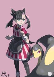 Rule 34 | 1girl, absurdres, apron, asymmetrical hair, black apron, black hair, blue eyes, creatures (company), dated, dress, game freak, gen 3 pokemon, hair ribbon, highres, kucheat zg, looking at another, marnie (palentine&#039;s 2022) (pokemon), marnie (pokemon), mawile, nail polish, nintendo, official alternate costume, pink background, pokemon, pokemon (creature), pokemon masters ex, red eyes, ribbon, smile, standing, twintails, wrist cuffs