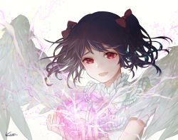 Rule 34 | 10s, 1girl, absurdres, angel wings, black hair, energy, hair ribbon, highres, karinto yamada, long hair, love live!, love live! school idol project, magic, red eyes, ribbon, smile, solo, twintails, white background, white wings, wings, yazawa nico
