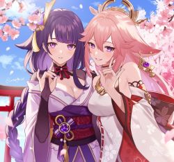 Rule 34 | 2girls, animal ears, bare shoulders, blush, braid, breasts, bridal gauntlets, cherry blossoms, chinese knot, cleavage, day, detached sleeves, earrings, floppy ears, fox ears, genshin impact, grin, hair flaps, hair ornament, highres, japanese clothes, jewelry, kimono, long hair, long sleeves, looking at viewer, low ponytail, medium breasts, mole, mole under eye, multiple girls, nontraditional miko, obijime, outdoors, parted lips, pink hair, purple eyes, purple hair, raiden shogun, ribbon trim, shadow puppet, single braid, smile, tassel, tree, unapoppo, vision (genshin impact), wide sleeves, yae miko