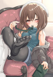 Rule 34 | 1girl, alternate costume, beret, black jacket, black pantyhose, boots, brown eyes, brown hair, commentary request, couch, denim, denim shorts, green sweater, hat, highres, jacket, kantai collection, kasashi (kasasi008), looking at viewer, mouth hold, pantyhose, short hair, shorts, sidelocks, single boot, sleeveless, sleeveless sweater, smile, solo, sweater, taihou (kancolle), thigh boots, thighhighs, turtleneck, white footwear, white hat