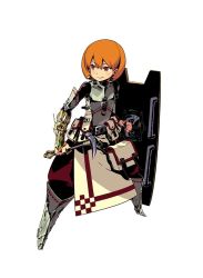 Rule 34 | 1girl, armor, atlus, bag, boots, brown eyes, etrian odyssey, fighting stance, fortress (sekaiju), full body, himukai yuuji, official art, orange hair, pouch, sekaiju no meikyuu, sekaiju no meikyuu 4, shield, simple background, smile, solo, standing, weapon, white background