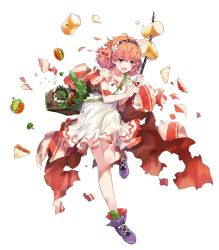 Rule 34 | amagai tarou, bare shoulders, bread, collarbone, dress, fire emblem, fire emblem echoes: shadows of valentia, fire emblem heroes, food, full body, genny (fire emblem), hair ornament, highres, holding, jewelry, necklace, nintendo, official art, open mouth, pink hair, sandwich, scar, shoes, short dress, short hair, solo, torn clothes, transparent background